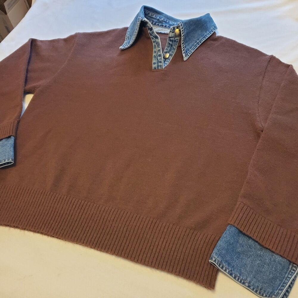 Revolve Commence Denim Collared Brown Sweater Womens Sz M Preppy Chic - Picture 3 of 11